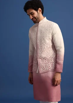 Off White And Pink Ombre Kurta Set With Mirror Work Jacket