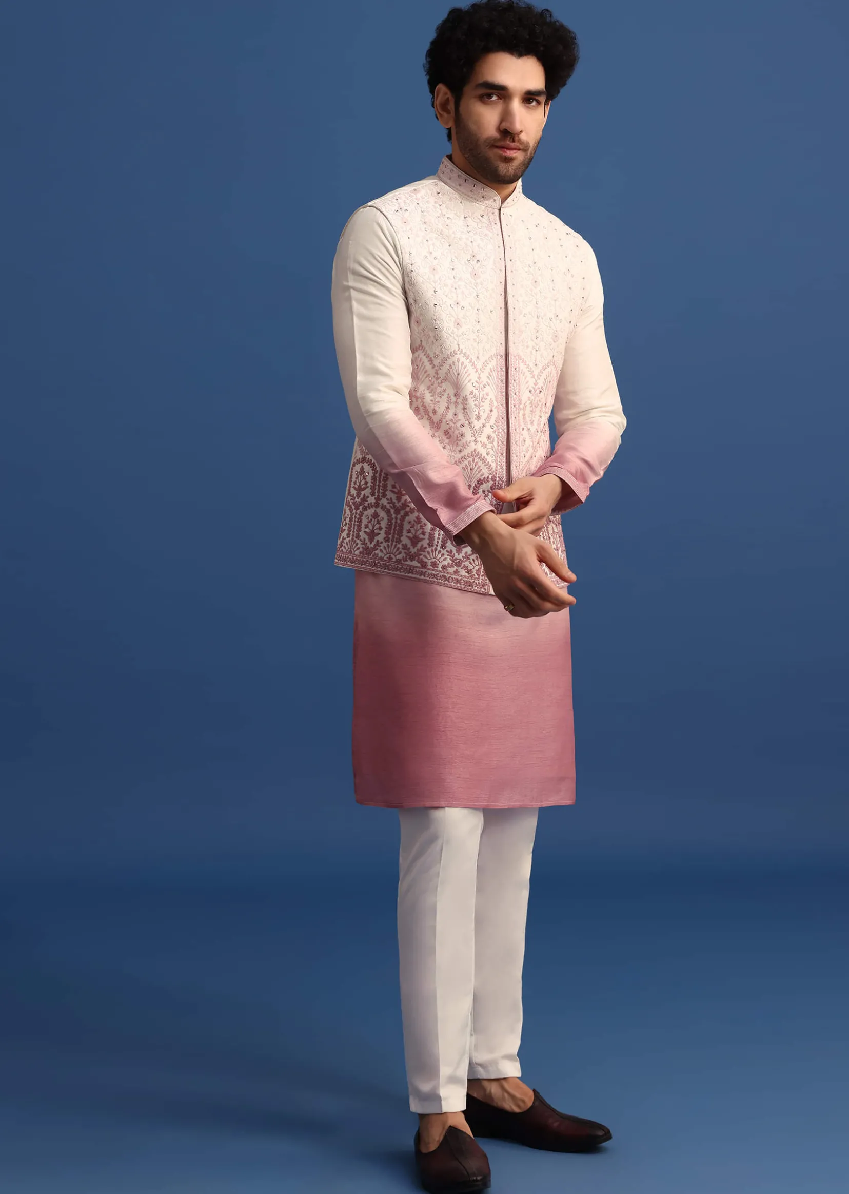 Off White And Pink Ombre Kurta Set With Mirror Work Jacket