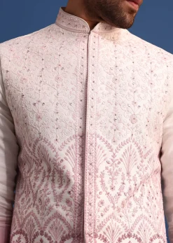 Off White And Pink Ombre Kurta Set With Mirror Work Jacket
