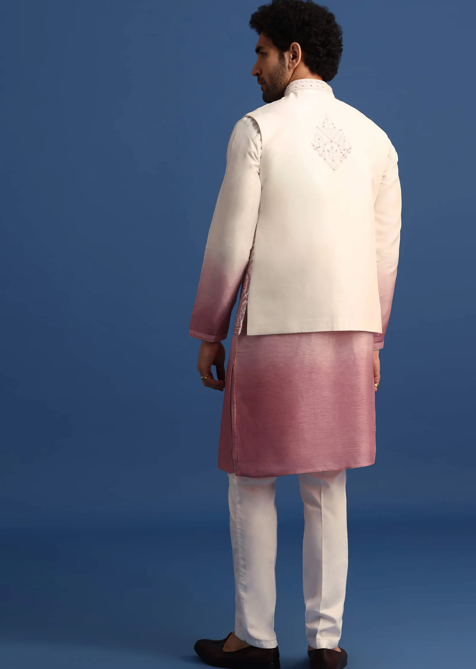Off White And Pink Ombre Kurta Set With Mirror Work Jacket