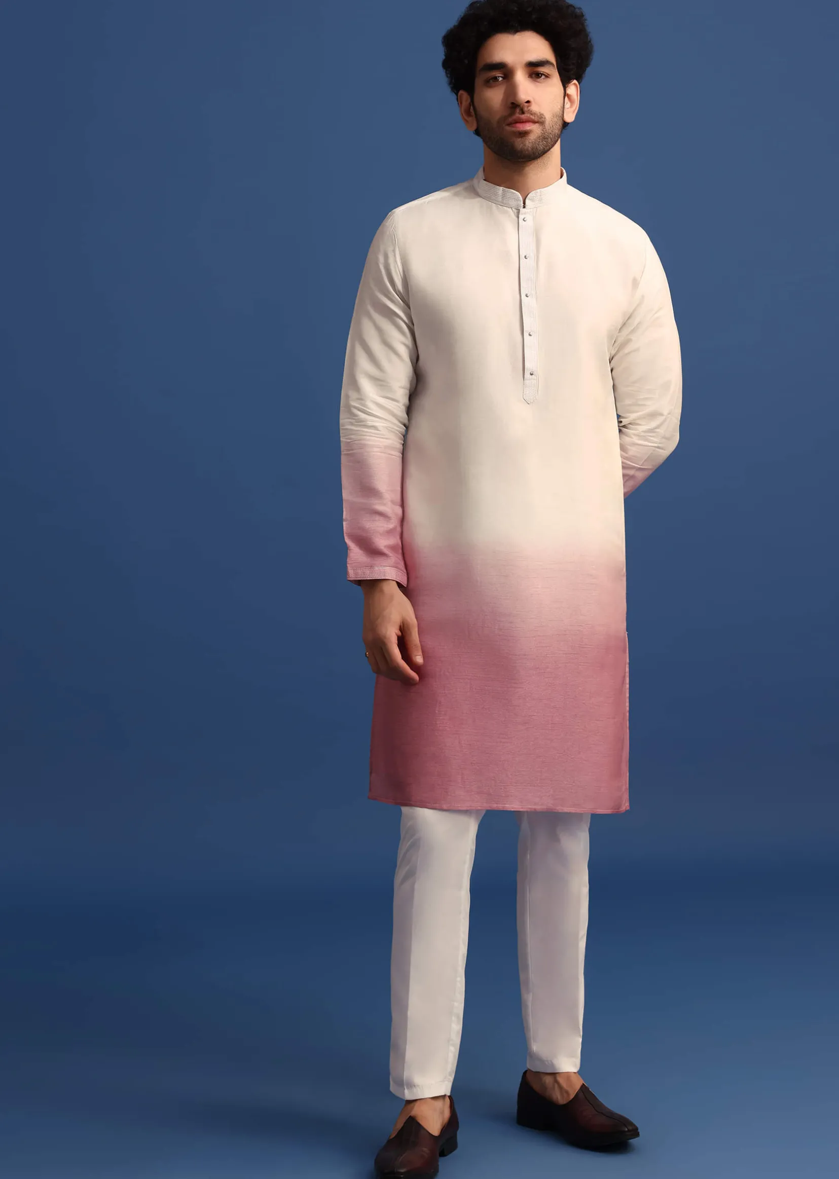 Off White And Pink Ombre Kurta Set With Mirror Work Jacket