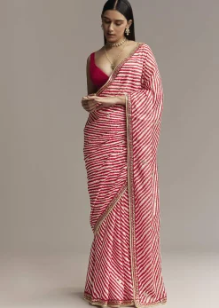 Off White And Red Striped Chinnon Saree With Gota Work