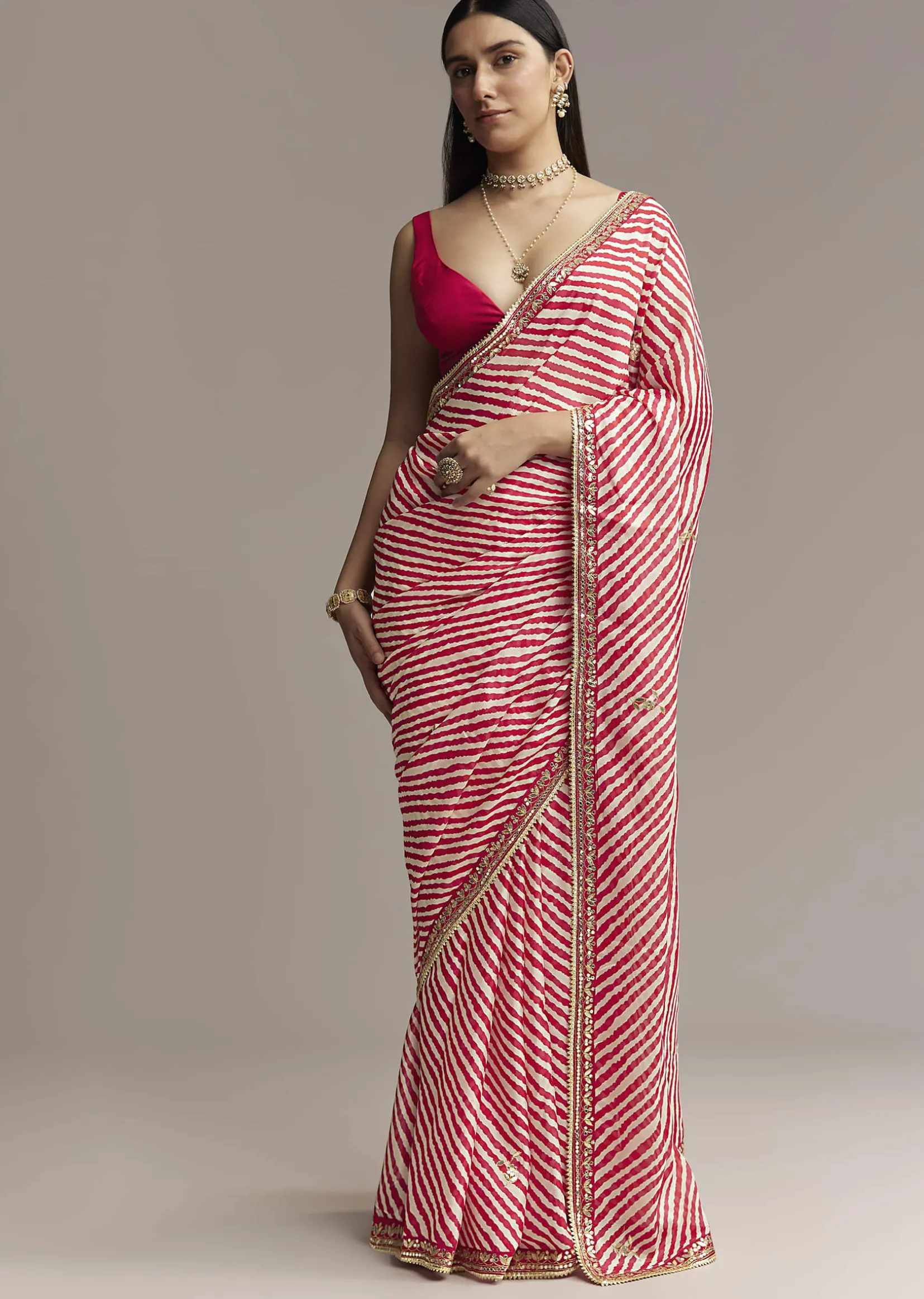 Off White And Red Striped Chinnon Saree With Gota Work
