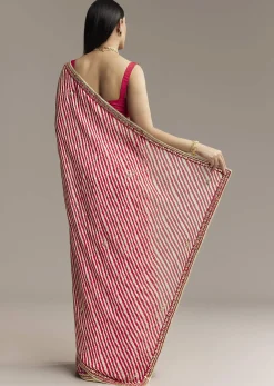 Off White And Red Striped Chinnon Saree With Gota Work