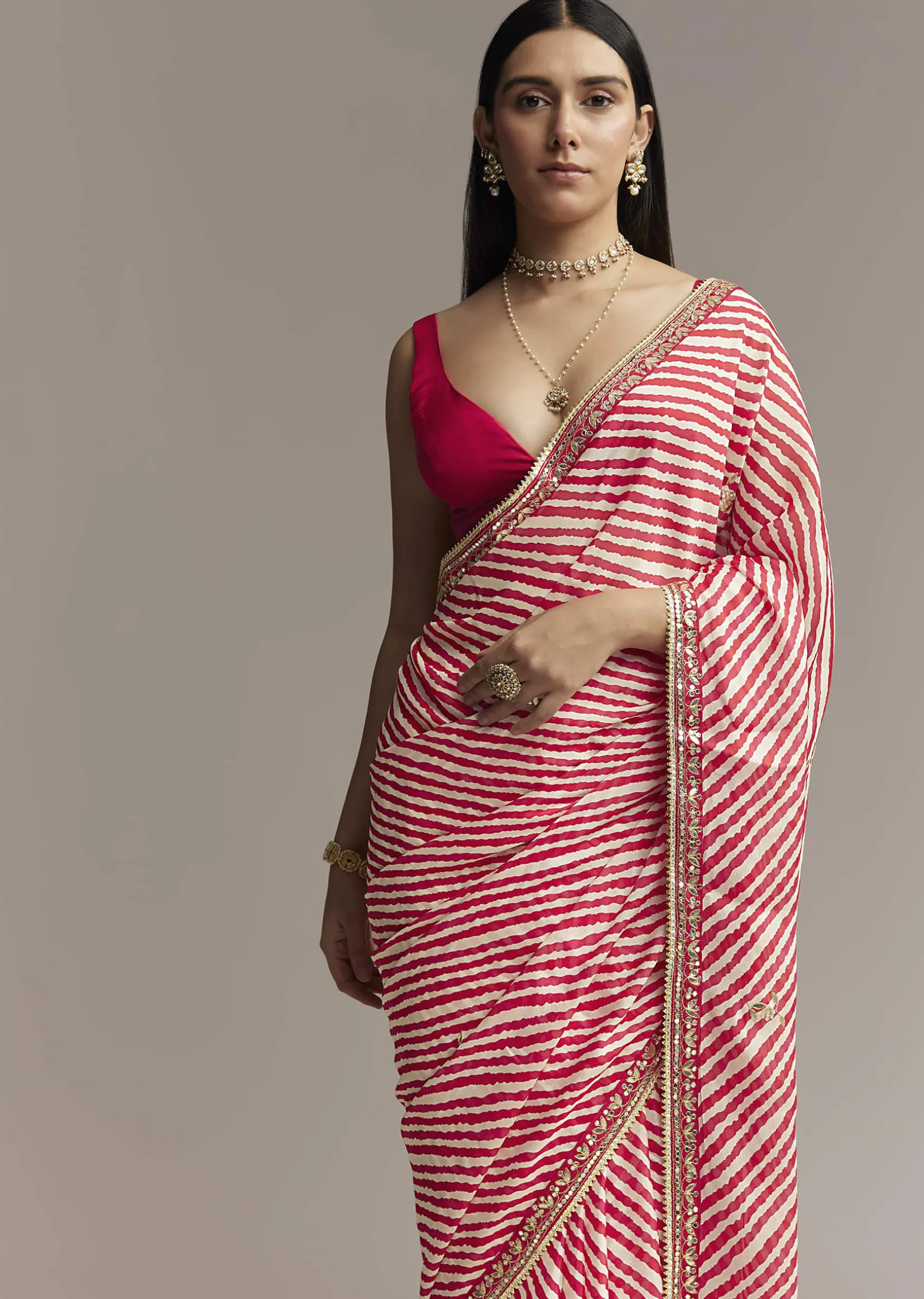 Off White And Red Striped Chinnon Saree With Gota Work
