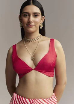 Off White And Red Striped Chinnon Saree With Gota Work