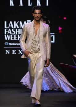 Off White Banarasi Embroidered Jacket With Cowl Drape Shirt