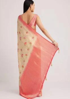 Off White Banarasi Silk Saree With Woven Contrast Red Border