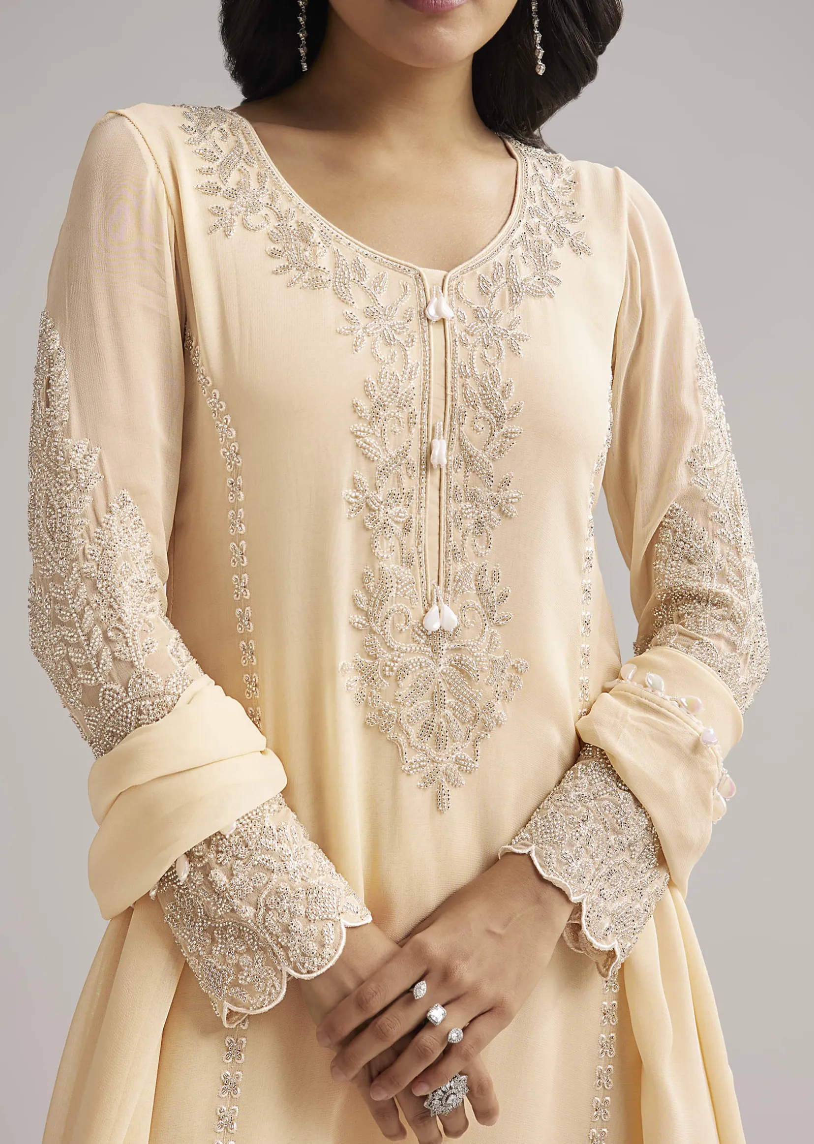 Off White Beaded Kurti Pant Set With Dupatta
