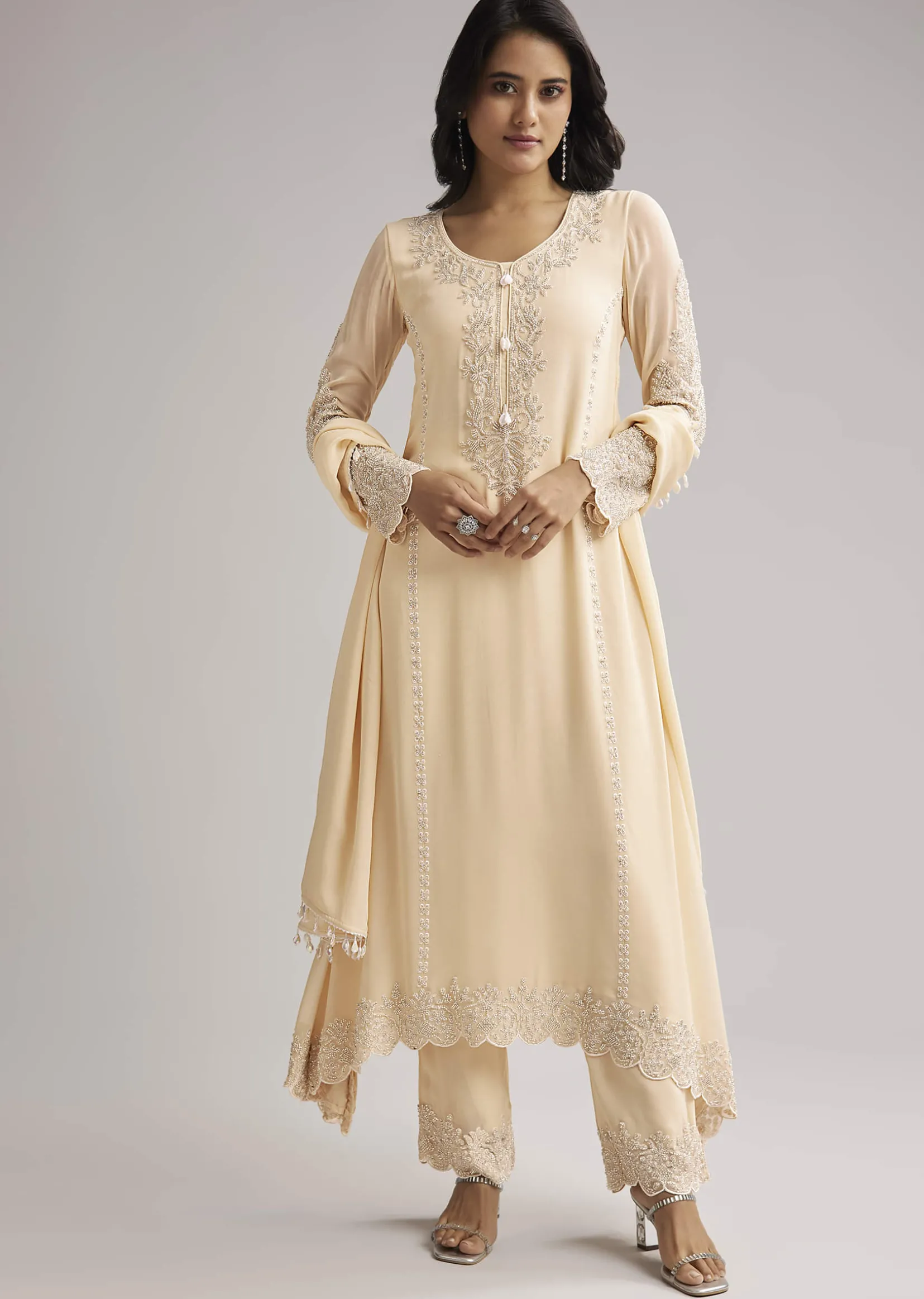 Off White Beaded Kurti Pant Set With Dupatta