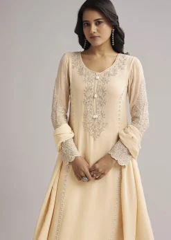 Off White Beaded Kurti Pant Set With Dupatta