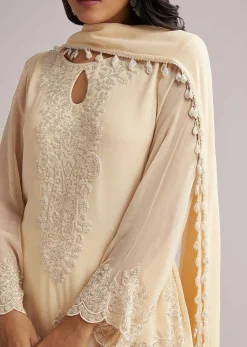 Off White Beaded Short Kurti Pant Set With Dupatta