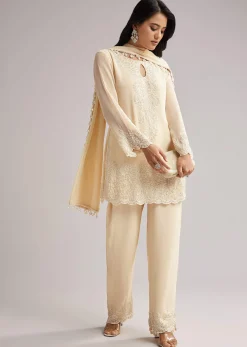 Off White Beaded Short Kurti Pant Set With Dupatta