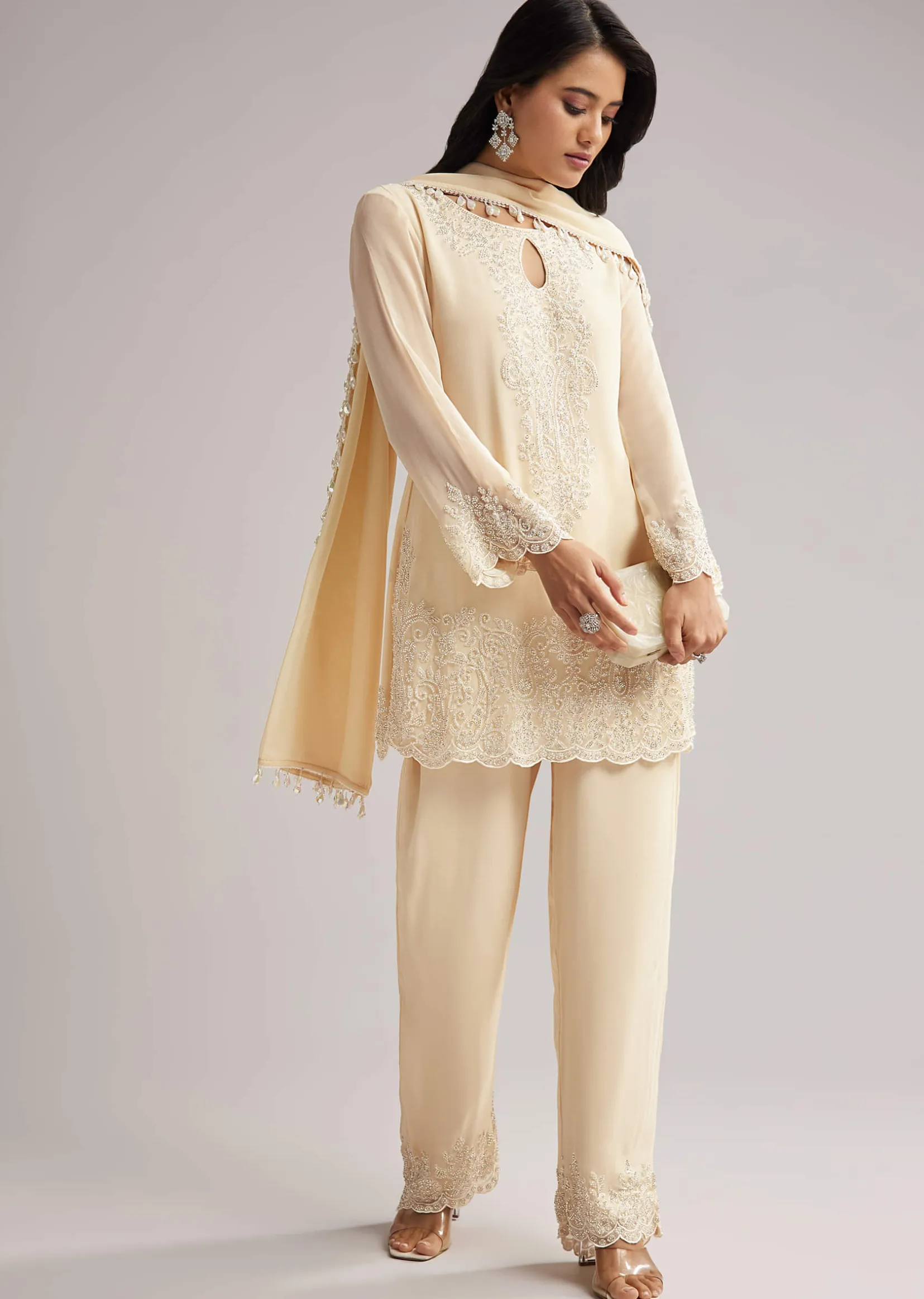 Off White Beaded Short Kurti Pant Set With Dupatta