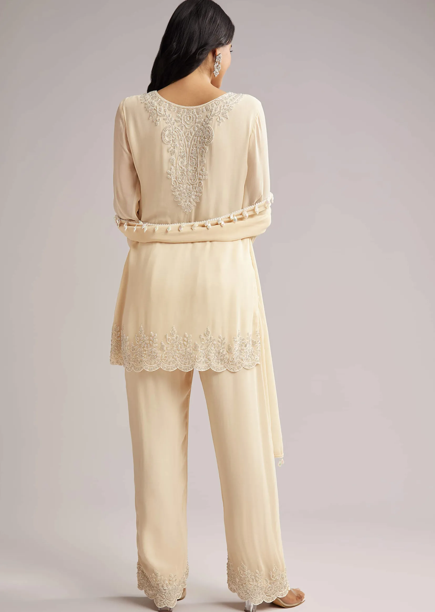 Off White Beaded Short Kurti Pant Set With Dupatta