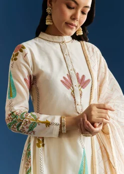 Off White Block Print Chanderi Anarkali With Gotta Lace Neckline And Dupatta