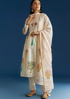 Off White Block Print Chanderi Anarkali With Gotta Lace Neckline And Dupatta