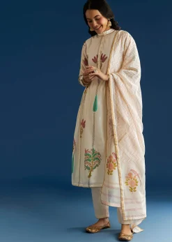 Off White Block Print Chanderi Anarkali With Gotta Lace Neckline And Dupatta