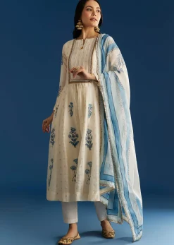 Off White Block Print Chanderi Anarkali With Zardosi Yoke And Block Print Dupatta