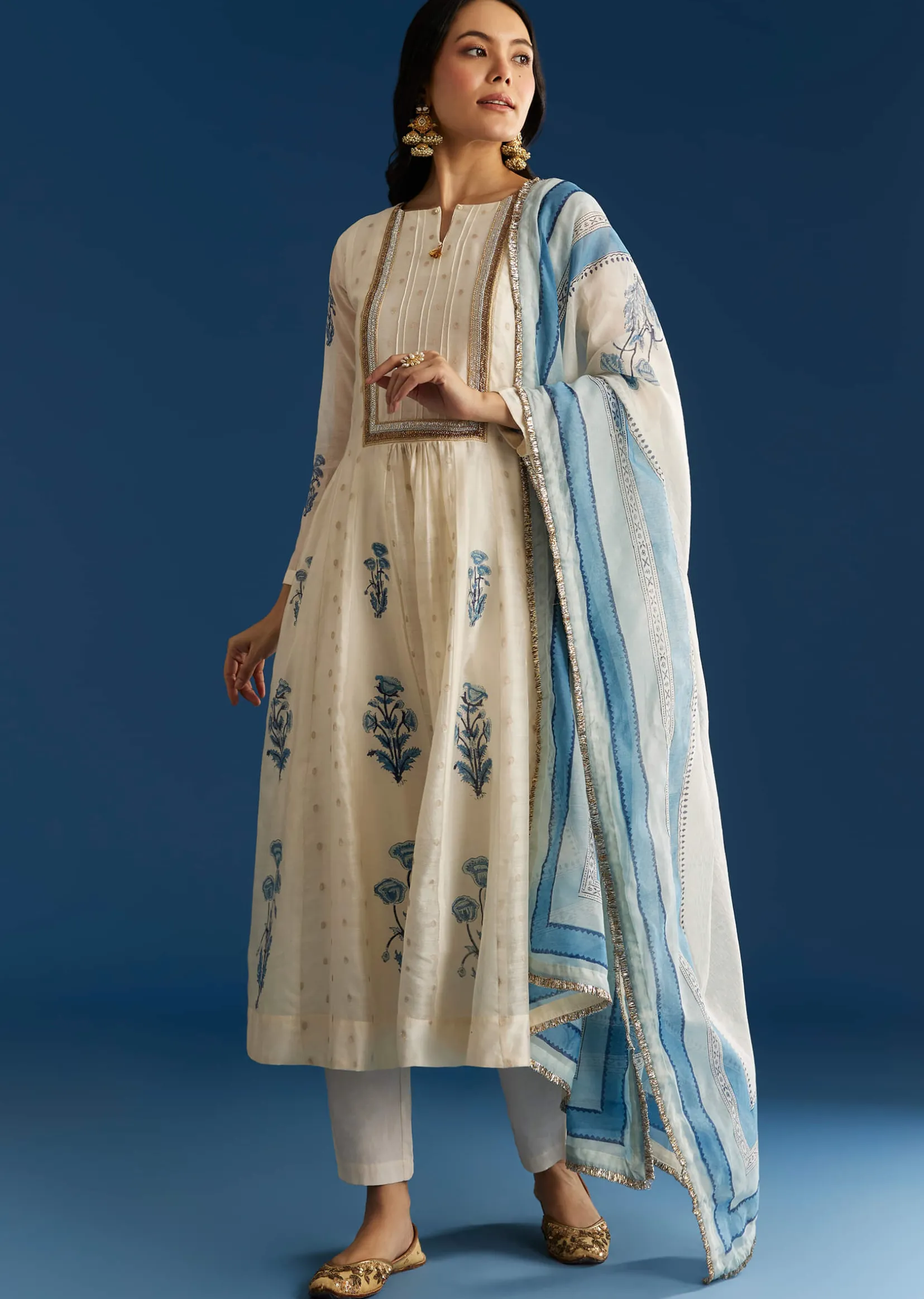 Off White Block Print Chanderi Anarkali With Zardosi Yoke And Block Print Dupatta