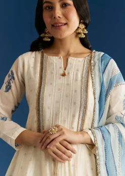 Off White Block Print Chanderi Anarkali With Zardosi Yoke And Block Print Dupatta