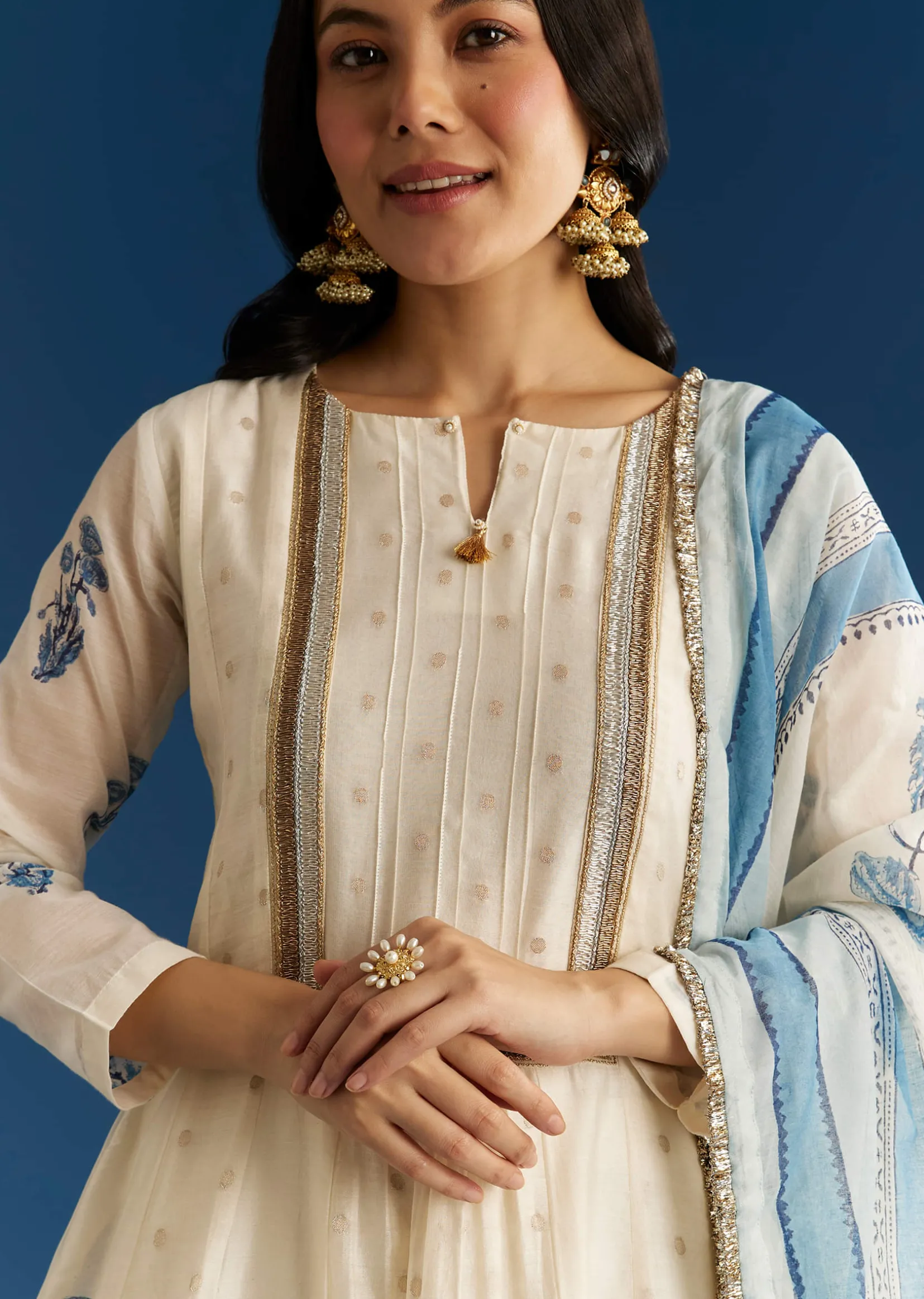 Off White Block Print Chanderi Anarkali With Zardosi Yoke And Block Print Dupatta