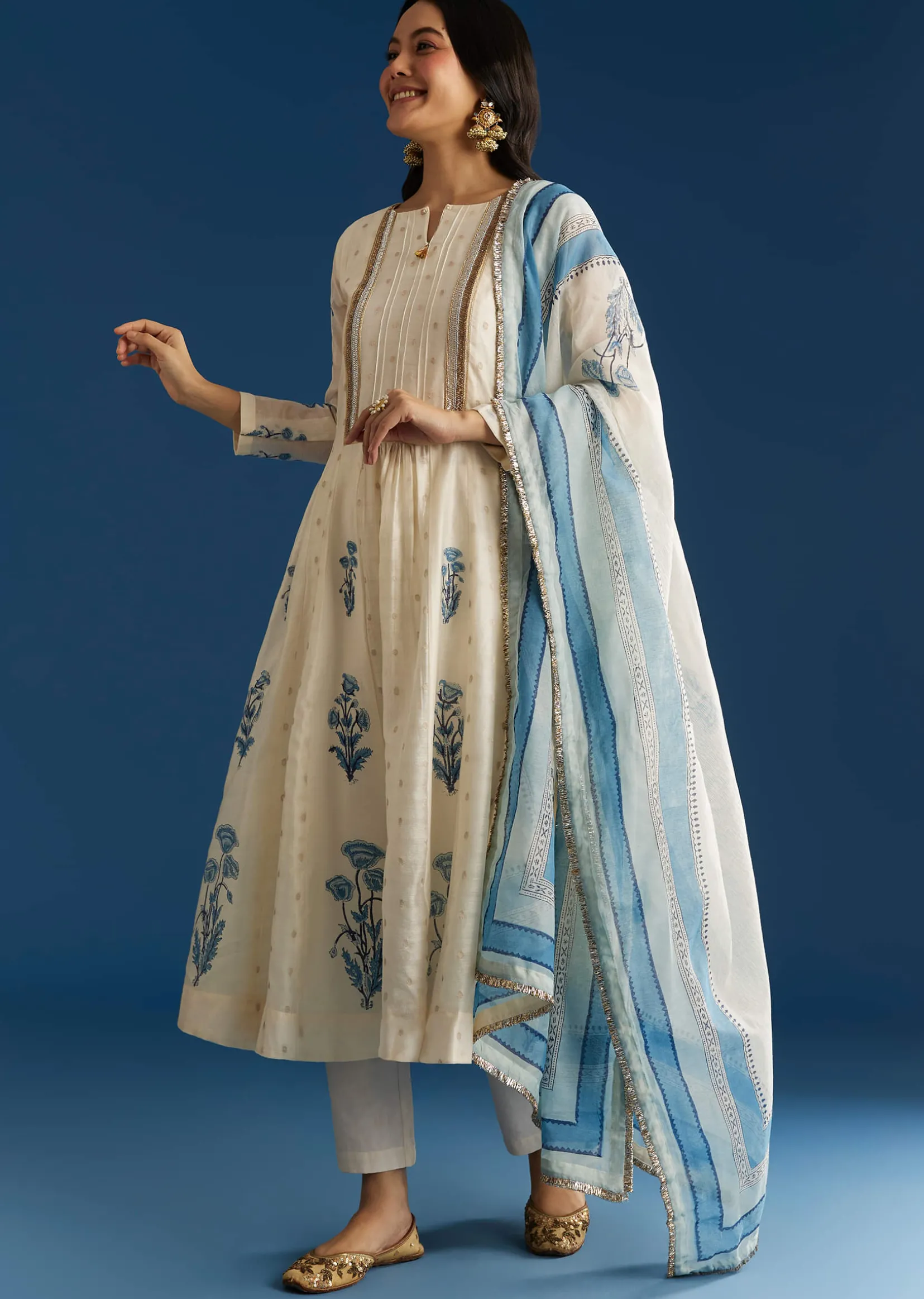 Off White Block Print Chanderi Anarkali With Zardosi Yoke And Block Print Dupatta