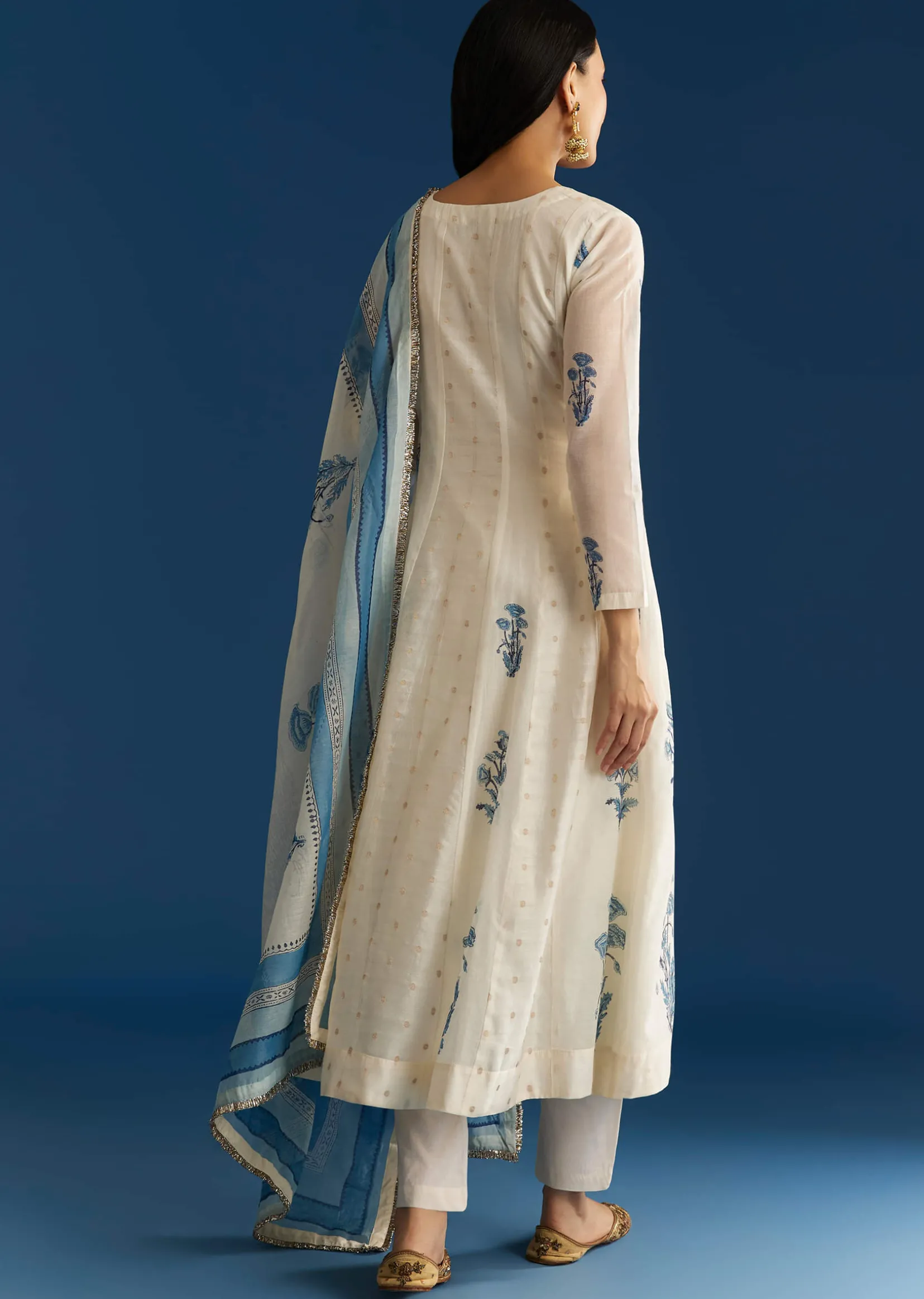 Off White Block Print Chanderi Anarkali With Zardosi Yoke And Block Print Dupatta