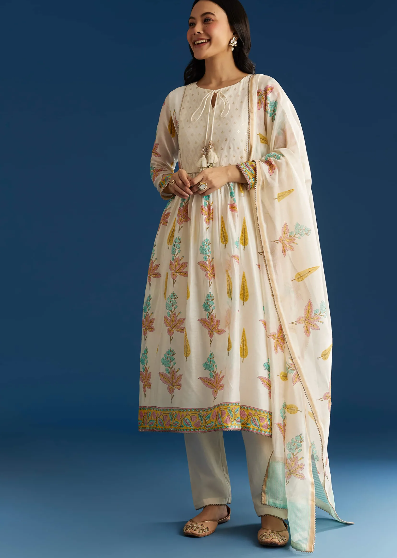 Off White Block Print Chanderi Anarkali And Dupatta Set With Gotta Lace Detailing