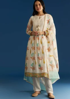 Off White Block Print Chanderi Anarkali And Dupatta Set With Gotta Lace Detailing