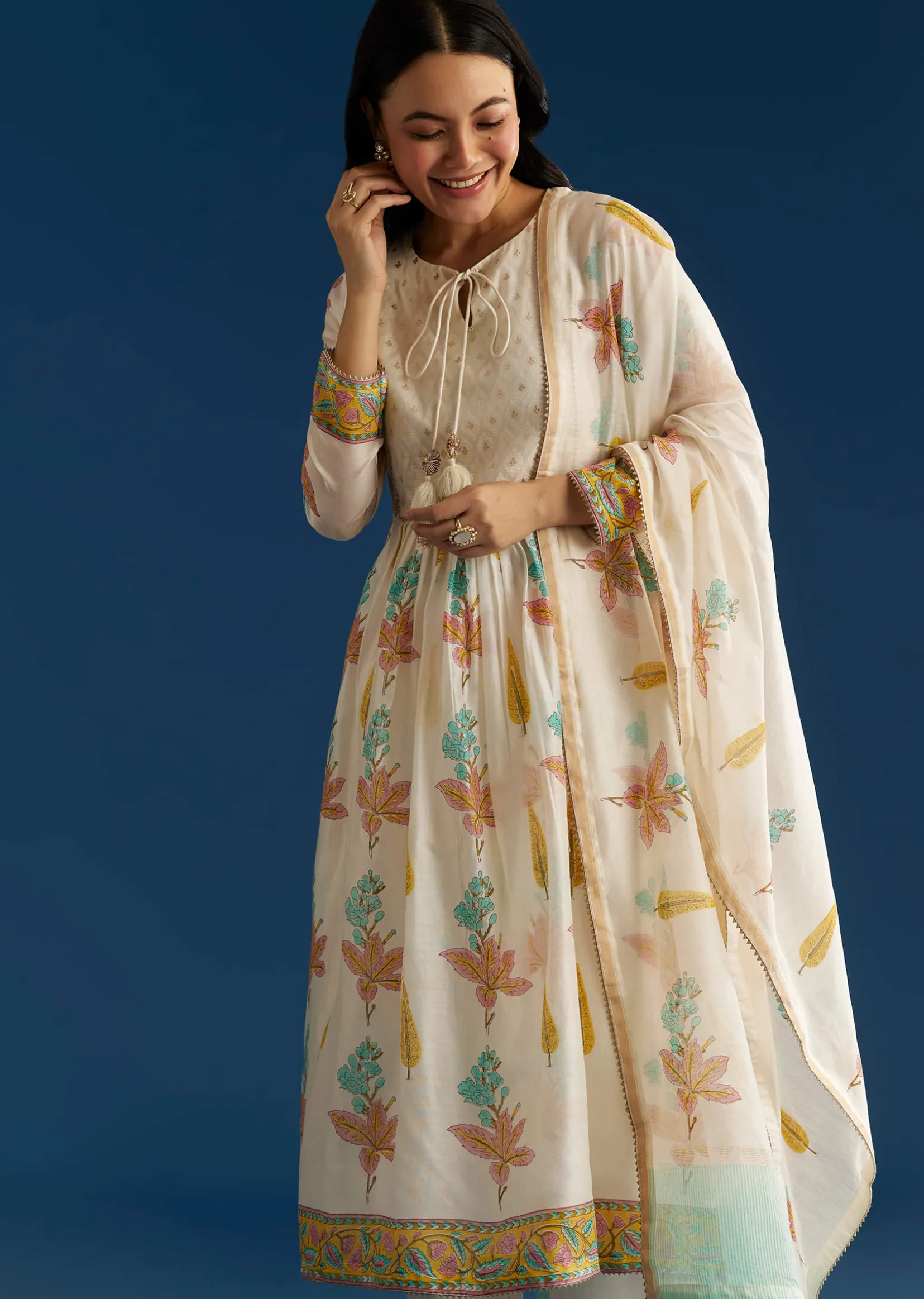 Off White Block Print Chanderi Anarkali And Dupatta Set With Gotta Lace Detailing