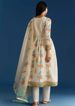 Off White Block Print Chanderi Anarkali And Dupatta Set With Gotta Lace Detailing