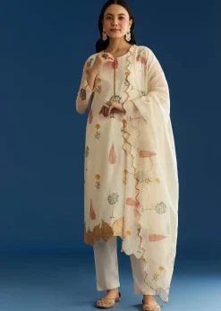 Off White Block Print Kurta And Dupatta Set In Mull Chanderi