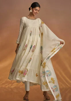 Off White Block Print Mull Chanderi Anarkali Set With Block Print Dupatta