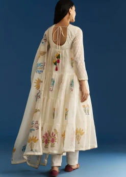 Off White Block Print Mull Chanderi Anarkali Set With Block Print Dupatta