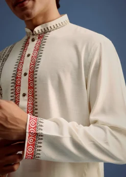Off White Block Printed Kurta Set With Zari Hand Embroidery