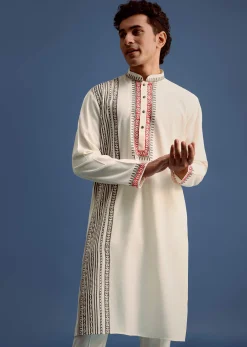 Off White Block Printed Kurta Set With Zari Hand Embroidery