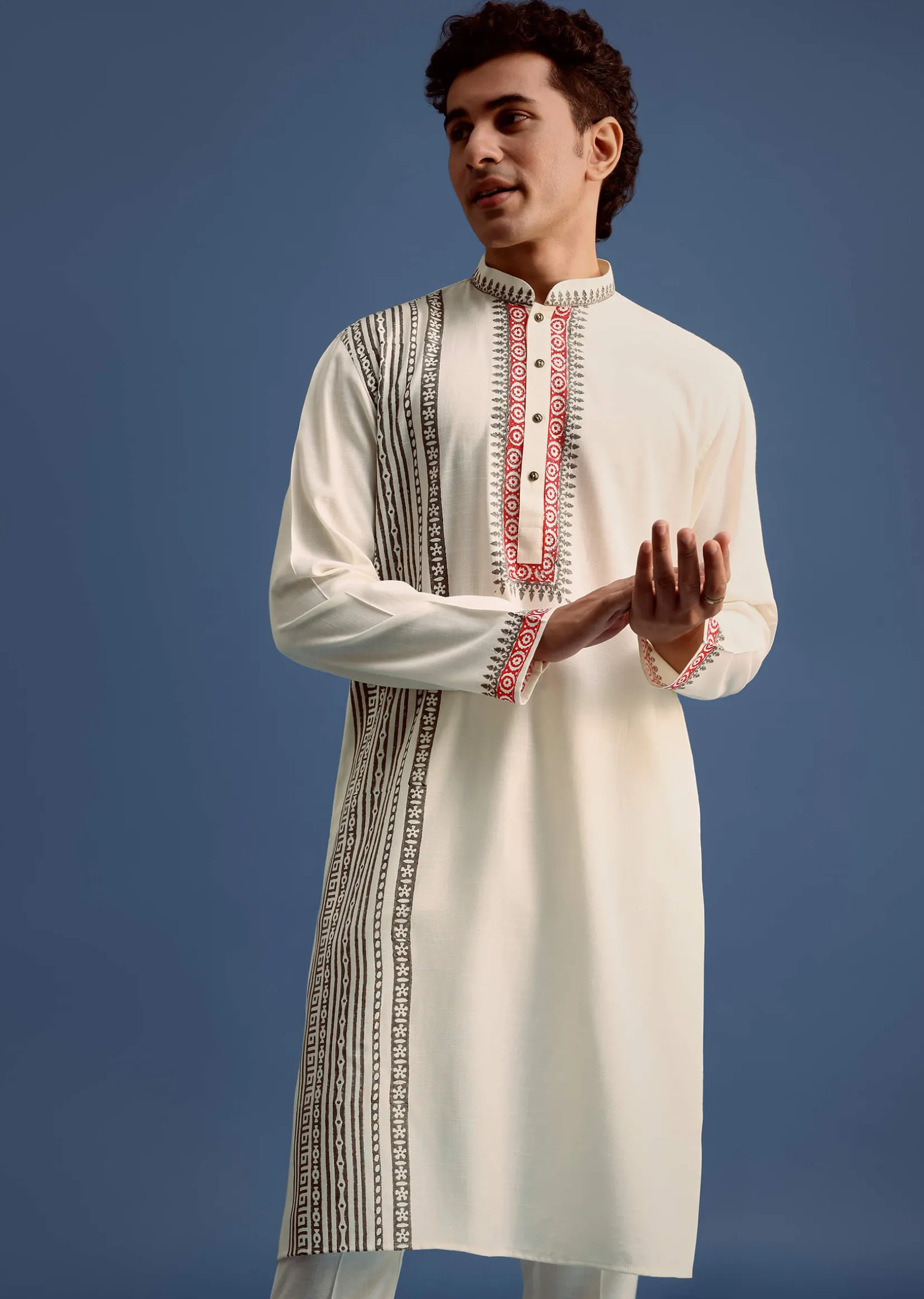 Off White Block Printed Kurta Set With Zari Hand Embroidery