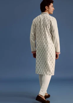 Off White Block Printed Kurta Set With Zari Hand Embroidery