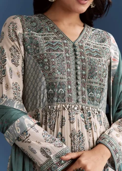 Off White Blue Printed Muslin Anarkali With Dupatta
