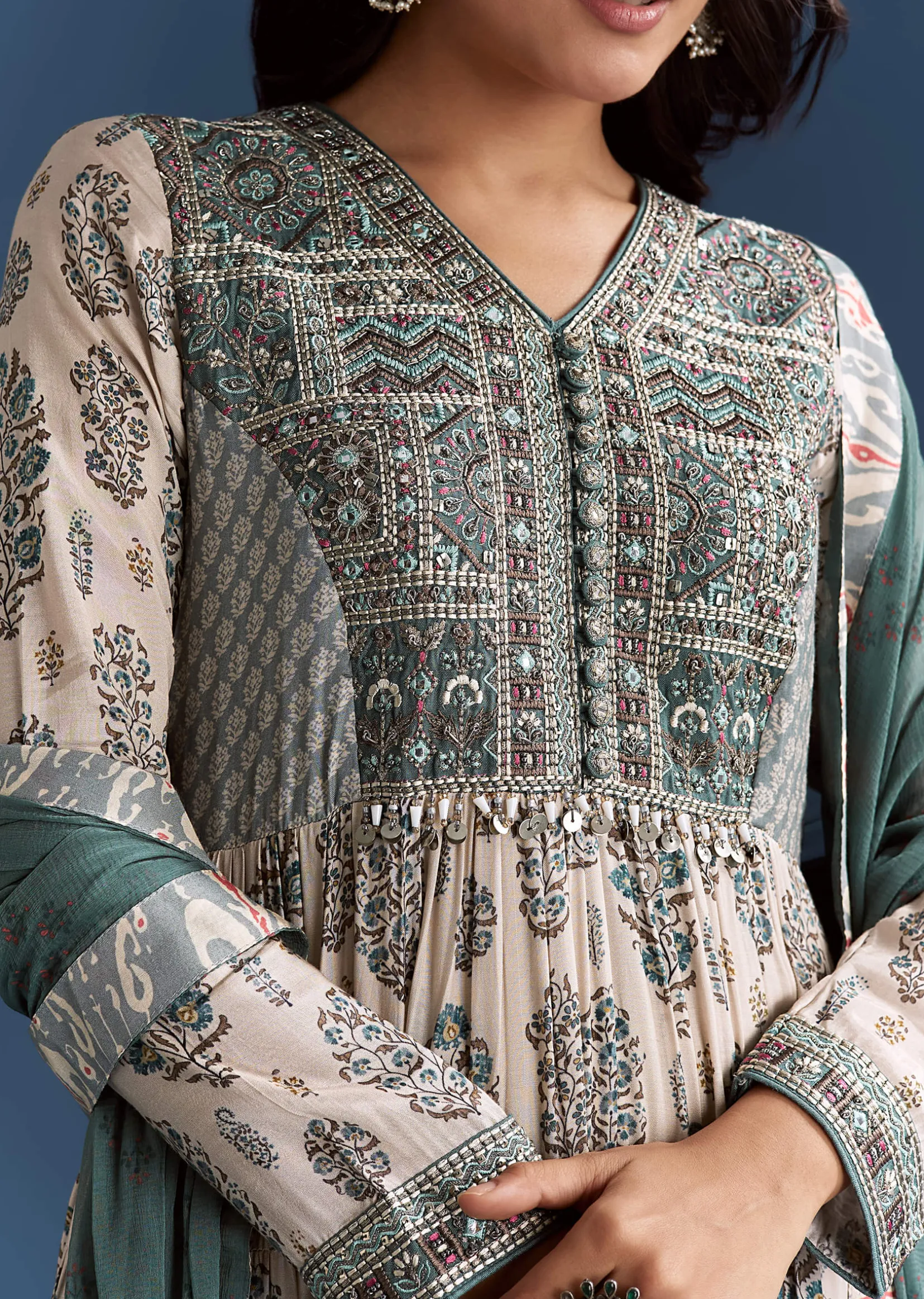 Off White Blue Printed Muslin Anarkali With Dupatta