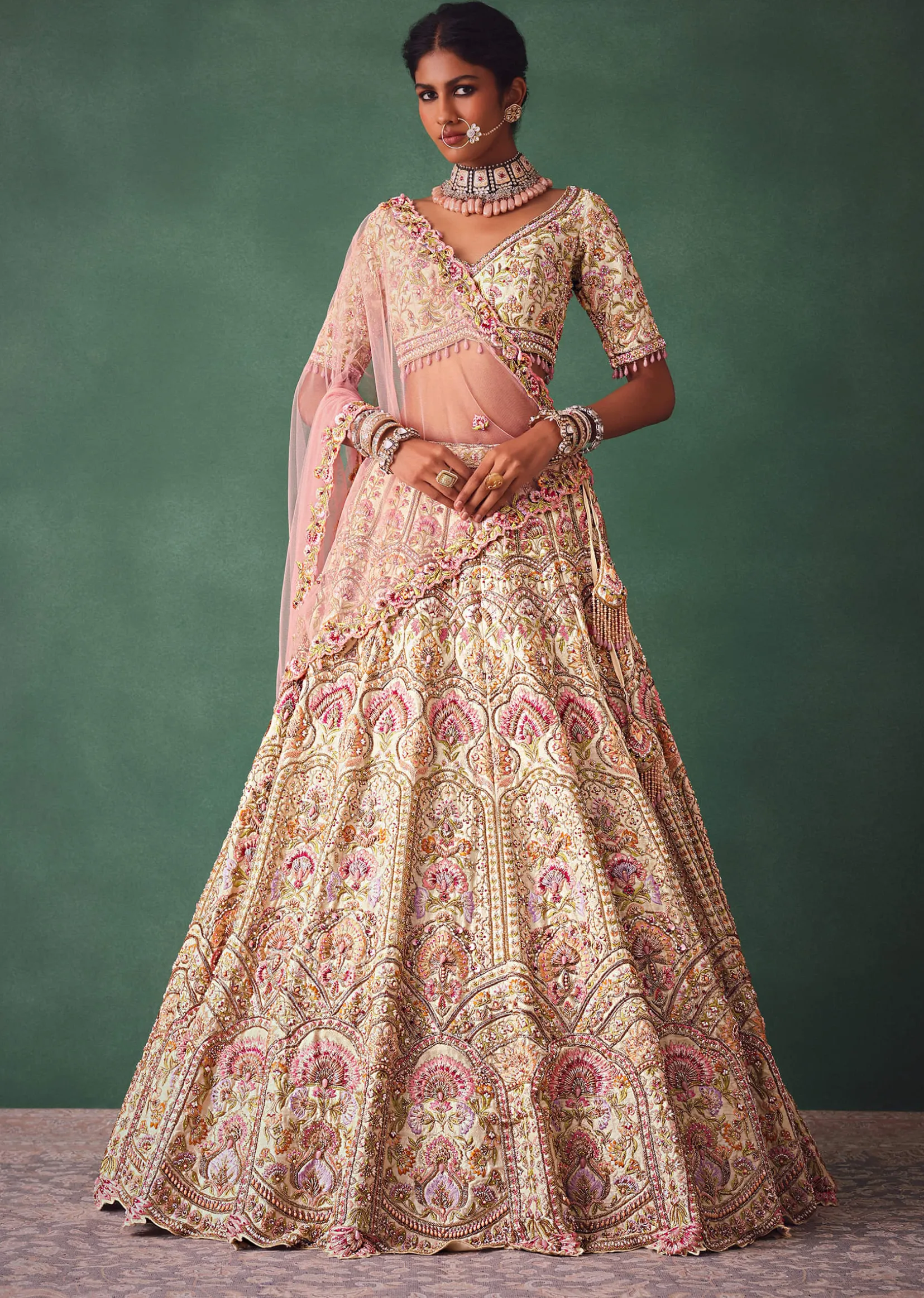 Off White Bridal Lehenga Blouse And Dupatta With Multi Colour Thread Work