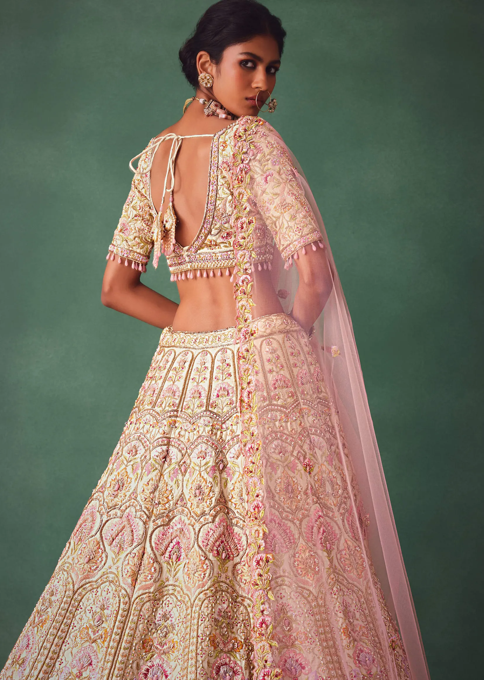 Off White Bridal Lehenga Blouse And Dupatta With Multi Colour Thread Work