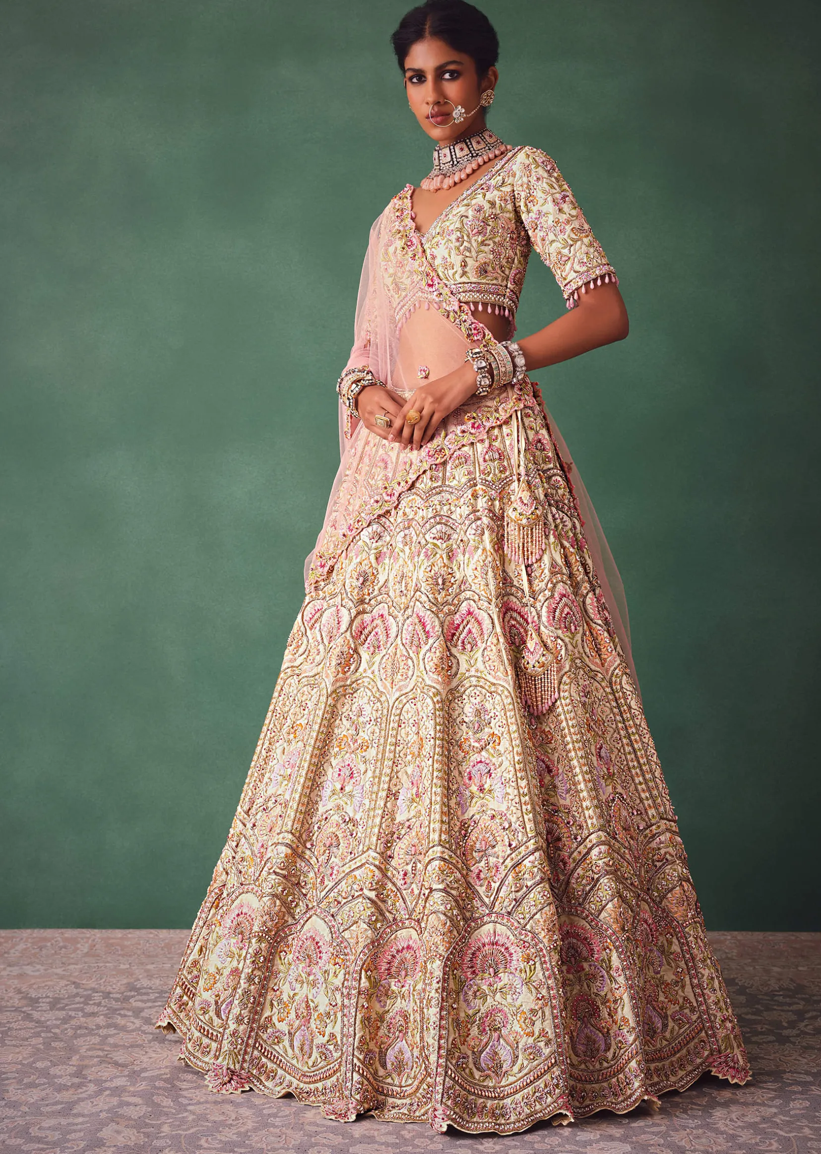 Off White Bridal Lehenga Blouse And Dupatta With Multi Colour Thread Work