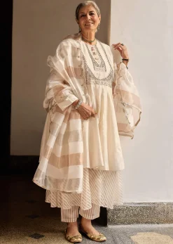 Off White Chanderi Layered Kurta Set With Banarasi Tissue Dupatta