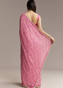 Off White Chinnon Saree With Pink Striped Print And Gota Detailing