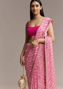 Off White Chinnon Saree With Pink Striped Print And Gota Detailing