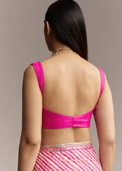 Off White Chinnon Saree With Pink Striped Print And Gota Detailing