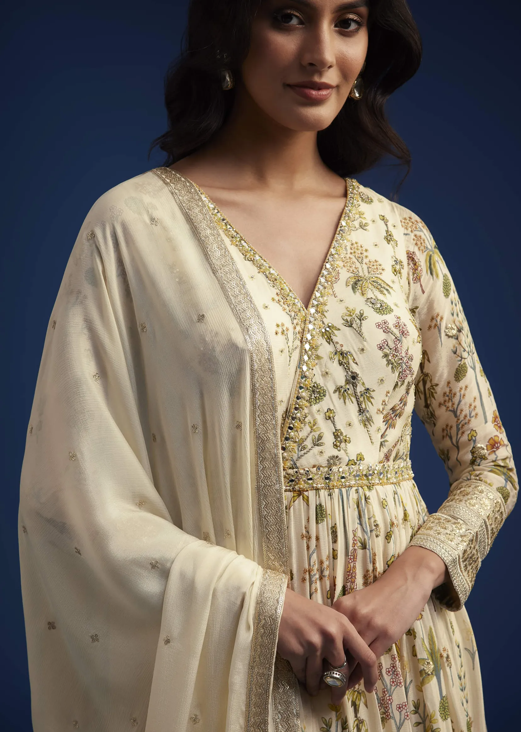 Off White Chinon Anarkali With Dupatta