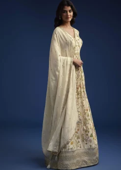 Off White Chinon Anarkali With Dupatta